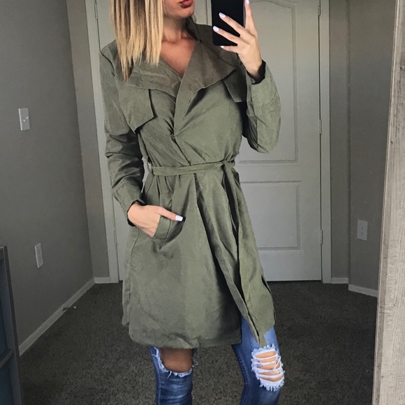 - Olive Suede Trench Jacket - - Picture 4 of 6